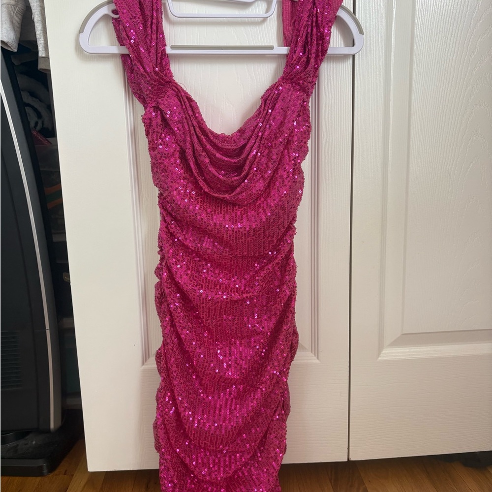Pink Sequin off the shoulder homecoming dress